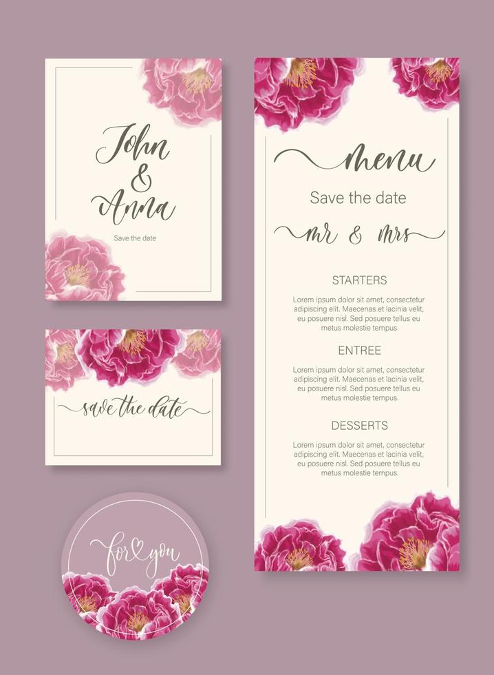 Hochzeit Aquarell Blumeneinladung, Danke, Antwort, Menü, Rsvp mit sanft Aquarell Blumen Pfingstrose. vektor