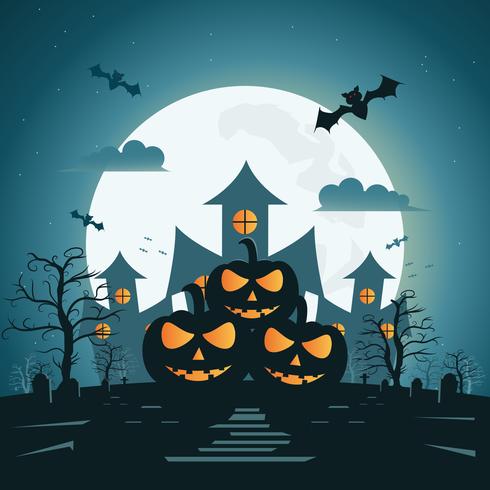 Halloween natt bakgrund med pumpa och mörkt slott vektor