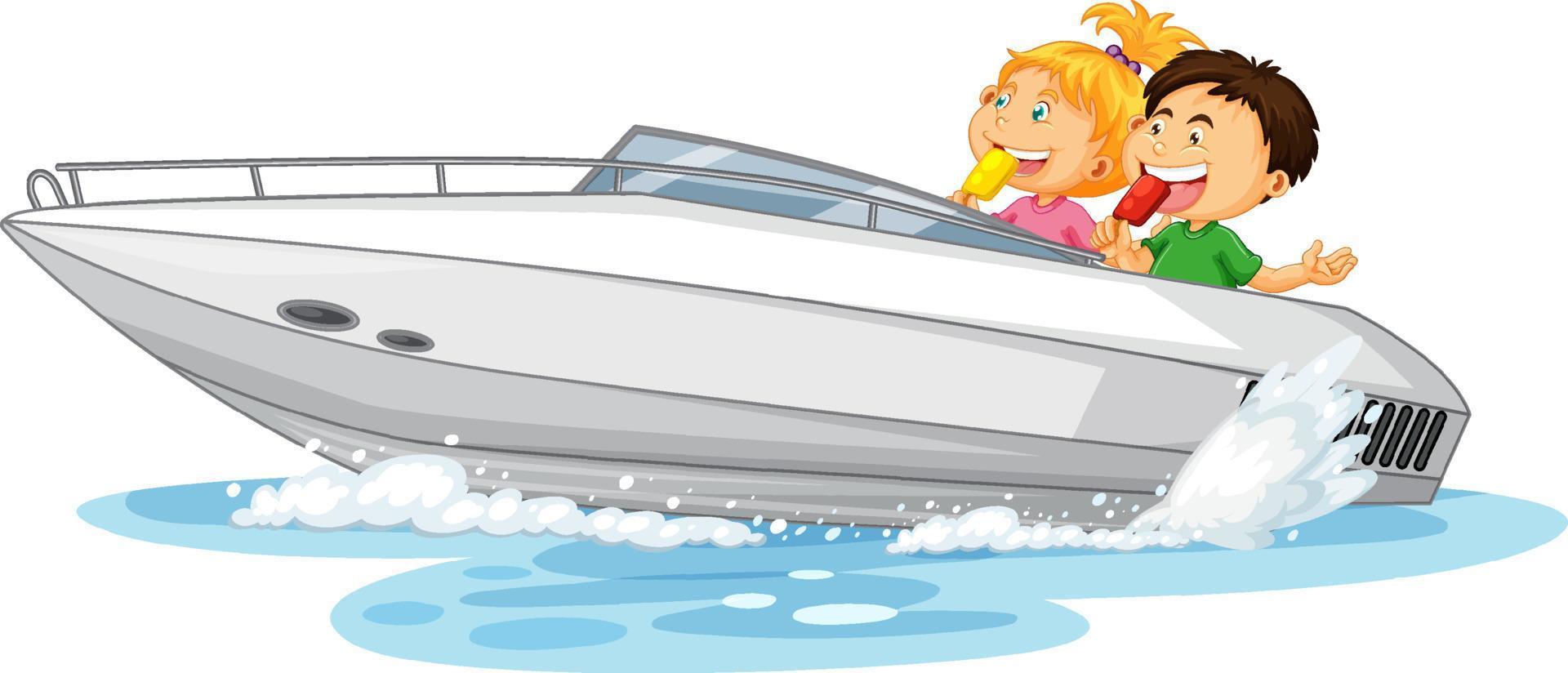 par barn på speedbåt på vit bakgrund vektor