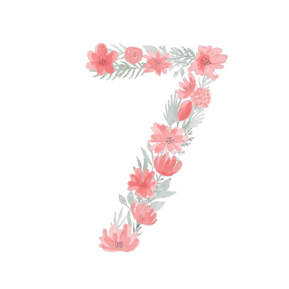 Blumenaquarell Nummer 7.Nummer sieben aus Blumen. Zahl Monogramm. vektor