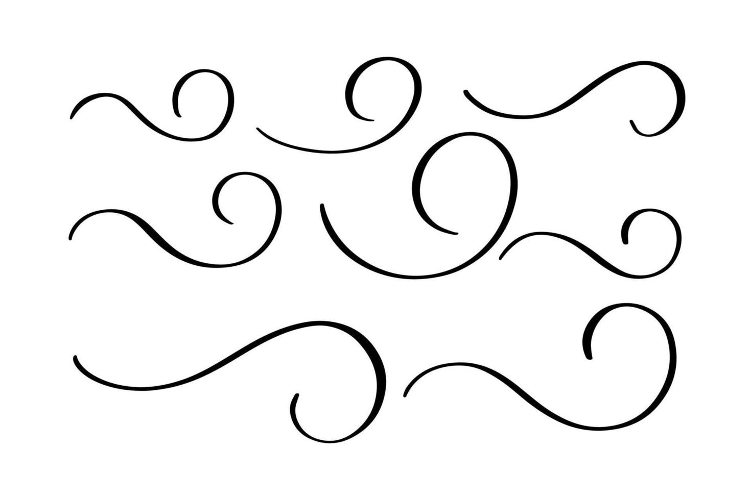 Satz handgezeichneter kalligraphischer Schwünge mit Pinselstrichen. dekorative Vektorelemente. Kurven, Locken, Schnörkel für Text- und Seitengestaltung. vektor