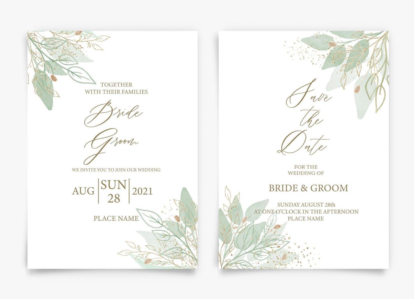 Hochzeitseinladungskarte mit elegantem Grünaquarell verlässt Stilsammlungsdesign, Aquarellbeschaffenheitshintergrund, Broschüre, Einladungsschablone. vektor
