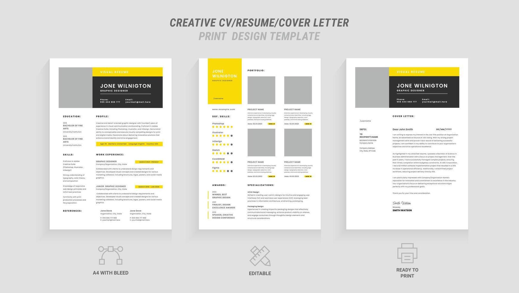 multipurpose rena modern återuppta, omslag brev design mall med gul rubrik, idealisk för företag jobb applikationer, minimalistisk CV layout, vektor grafisk för professionell återuppta, CV design