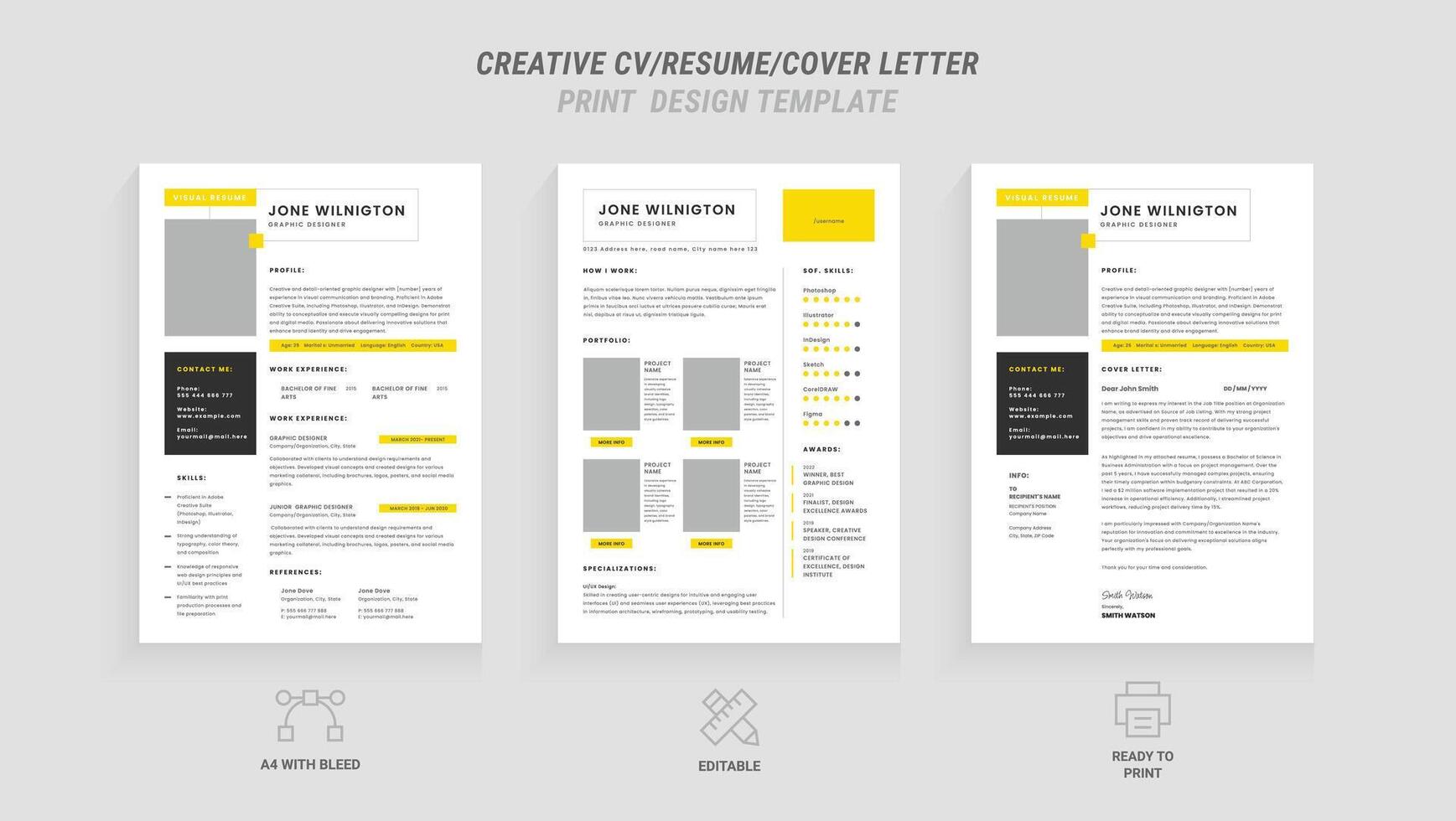 multipurpose rena modern återuppta, omslag brev design mall med gul rubrik, idealisk för företag jobb applikationer, minimalistisk CV layout, vektor grafisk för professionell återuppta, CV design