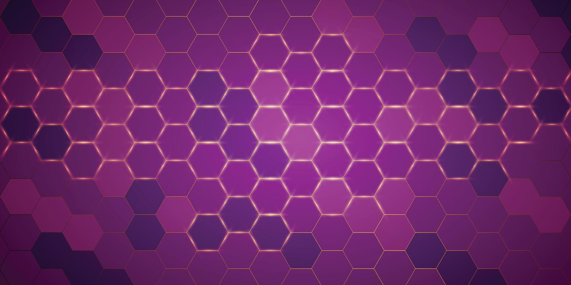 lila hexagonal bakgrund med gyllene ljus vektor