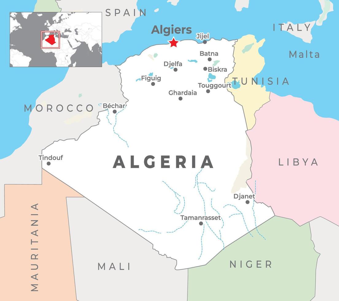 Algerien politisch Karte mit Hauptstadt Algier, die meisten wichtig Städte mit National Grenzen vektor