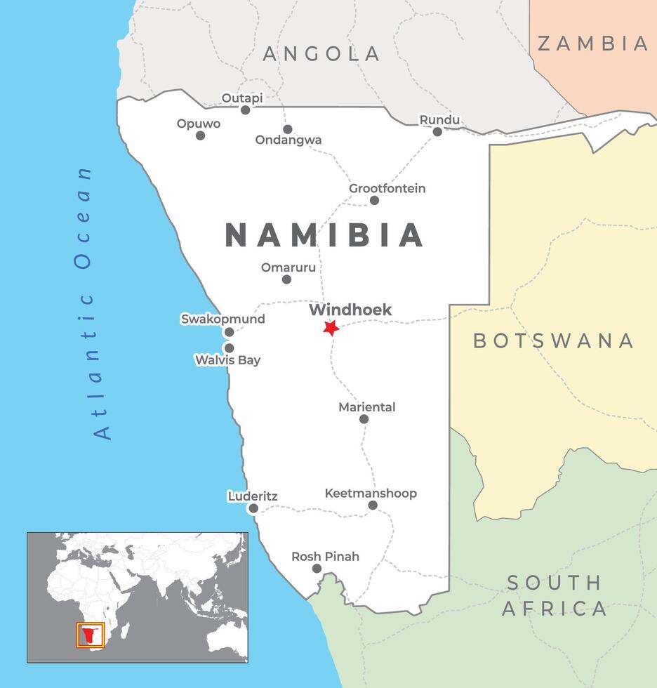 Namibia politisch Karte mit Hauptstadt Windhoek, die meisten wichtig Städte mit National Grenzen vektor