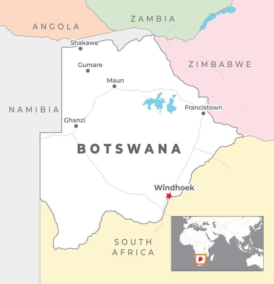 Botswana politisch Karte mit Hauptstadt Gaborone, die meisten wichtig Städte mit National Grenzen vektor