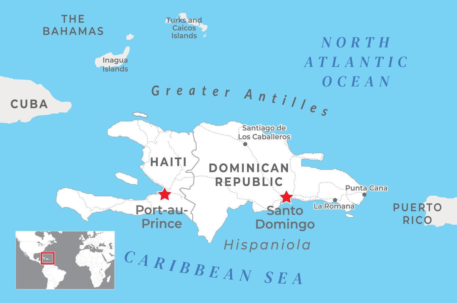 Haiti und dominikanisch Republik politisch Karte mit Hauptstädte und National Grenzen vektor