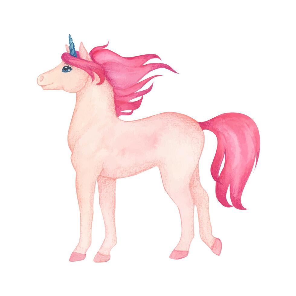 Aquarell Illustration von ein süß Stehen Einhorn im Rosa und Türkis Farben. Märchen Karikatur Charakter zum dekorieren Kinder- Zimmer Hintergrund und Kinder- Dinge vektor