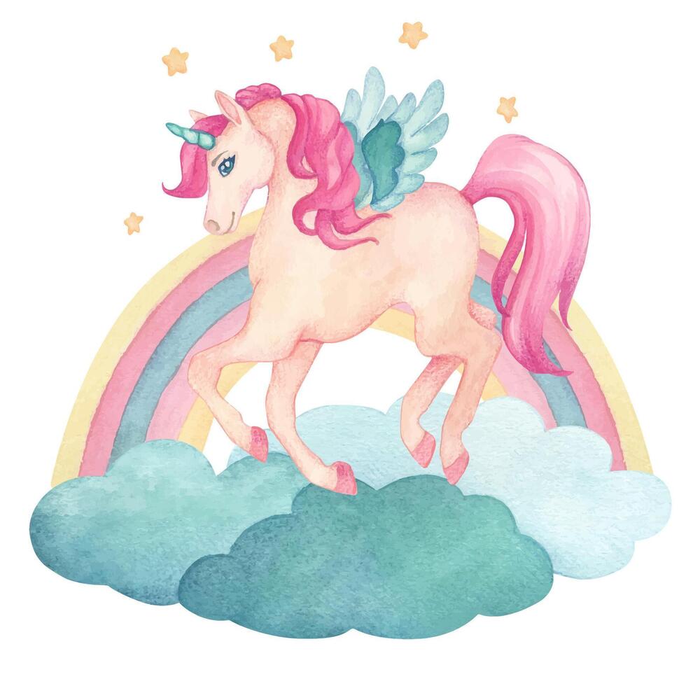 Aquarell Illustration von ein süß Springen Einhorn mit Flügel auf Wolken mit Sterne und Regenbogen im Rosa und Türkis Farben. Märchen Karikatur Charakter vektor