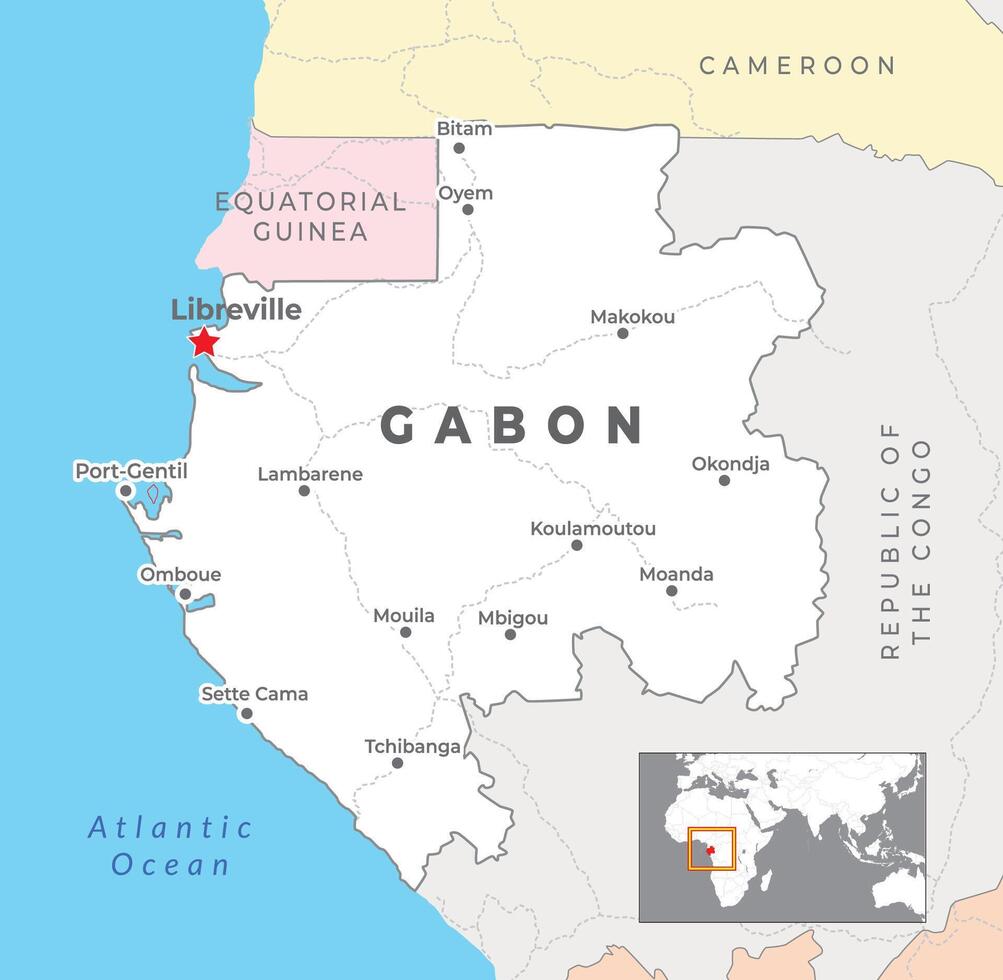 gabon politisk Karta med huvudstad libreville, mest Viktig städer med nationell gränser vektor