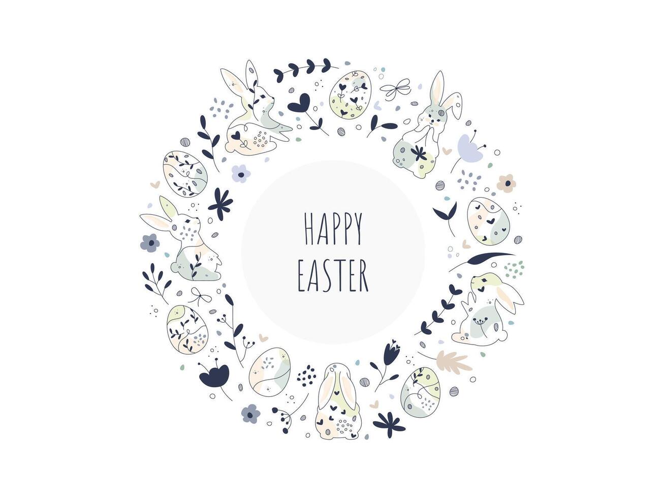 glücklich Ostern Gekritzel rahmen. Hand gezeichnet Ostern Eier und Hasen mit einfach Blumen- Muster. Kreis Komposition. Vektor Design zum Gruß Karte, Banner, Hintergrund oder Einladung