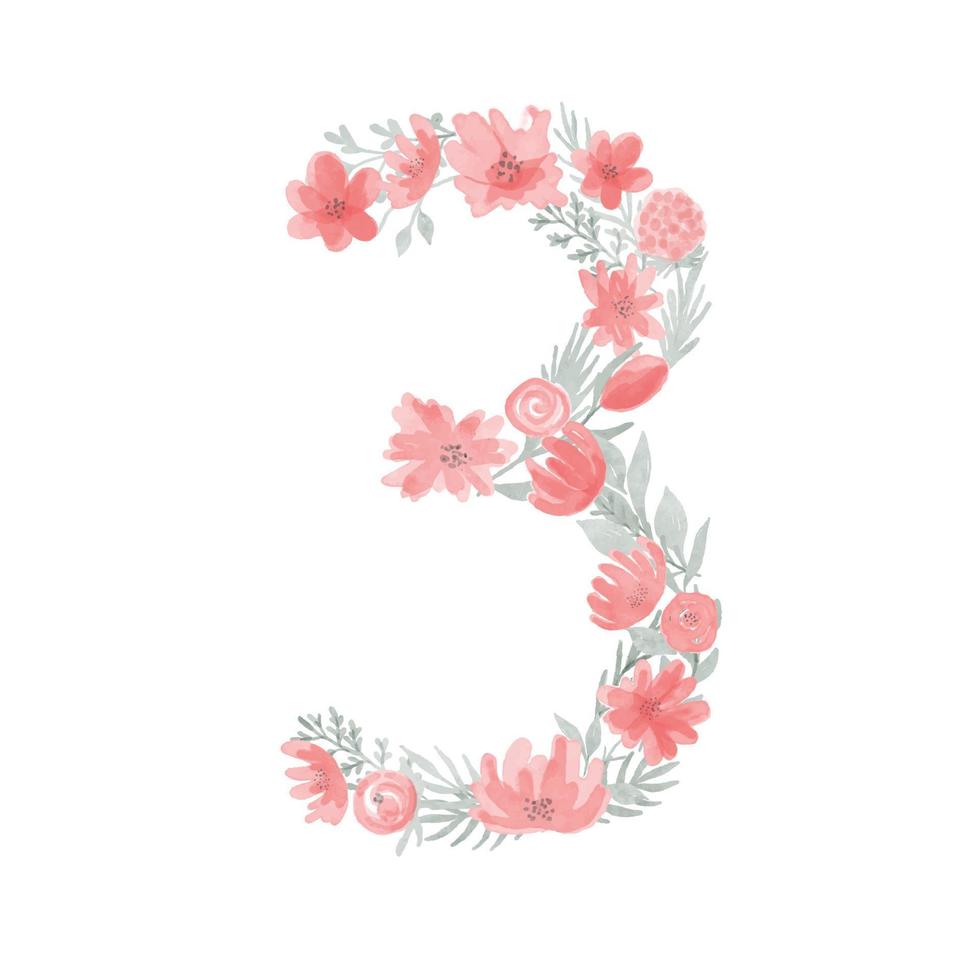 Blumenaquarell Nummer 3.Nummer drei aus Blumen. Zahl Monogramm. vektor