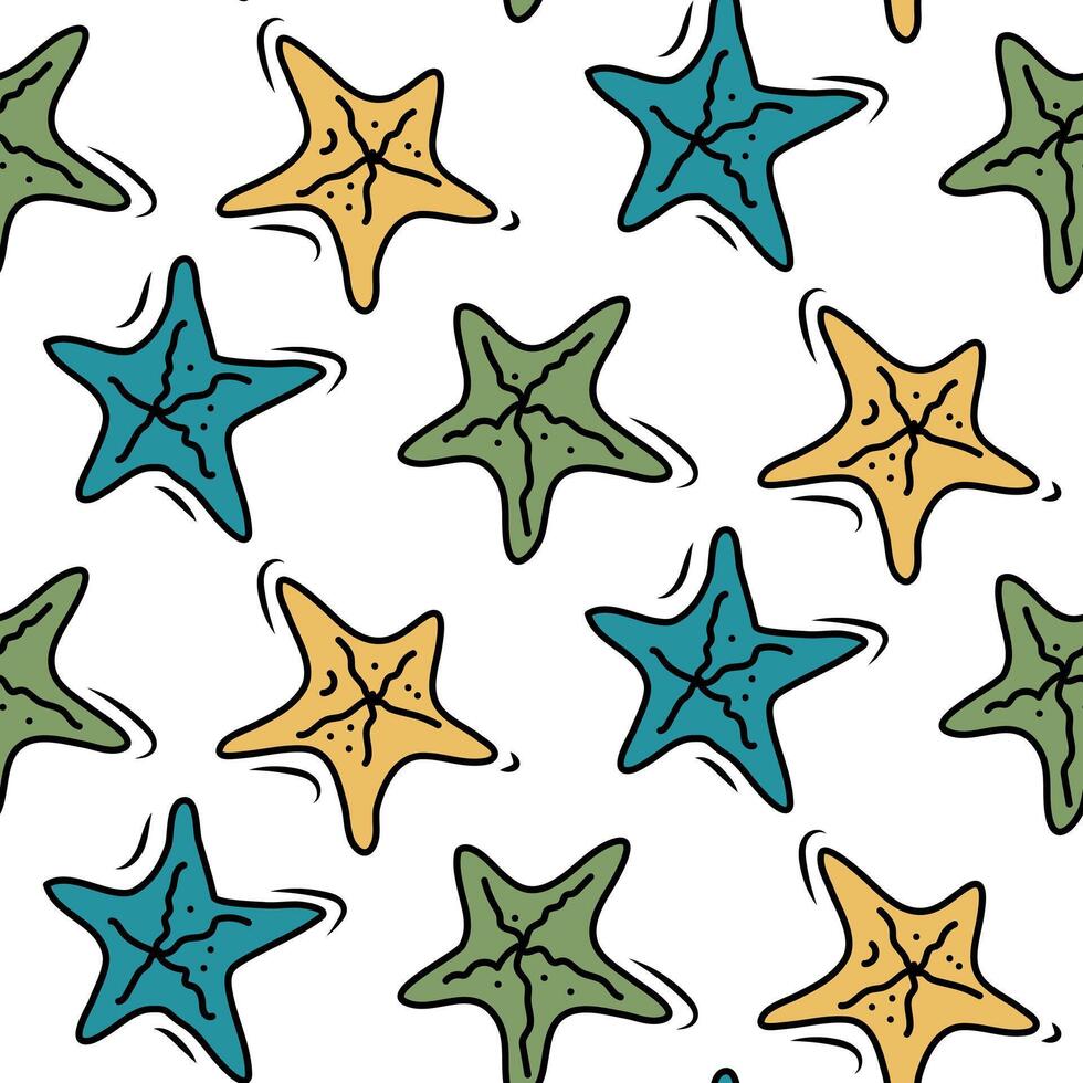 klotter sommar sömlös mönster med spridd abstrakt silhuetter sjöstjärnor. söt bakgrund på marin tema för inbjudan, barn kläder. vektor färgrik hand dragen illustration