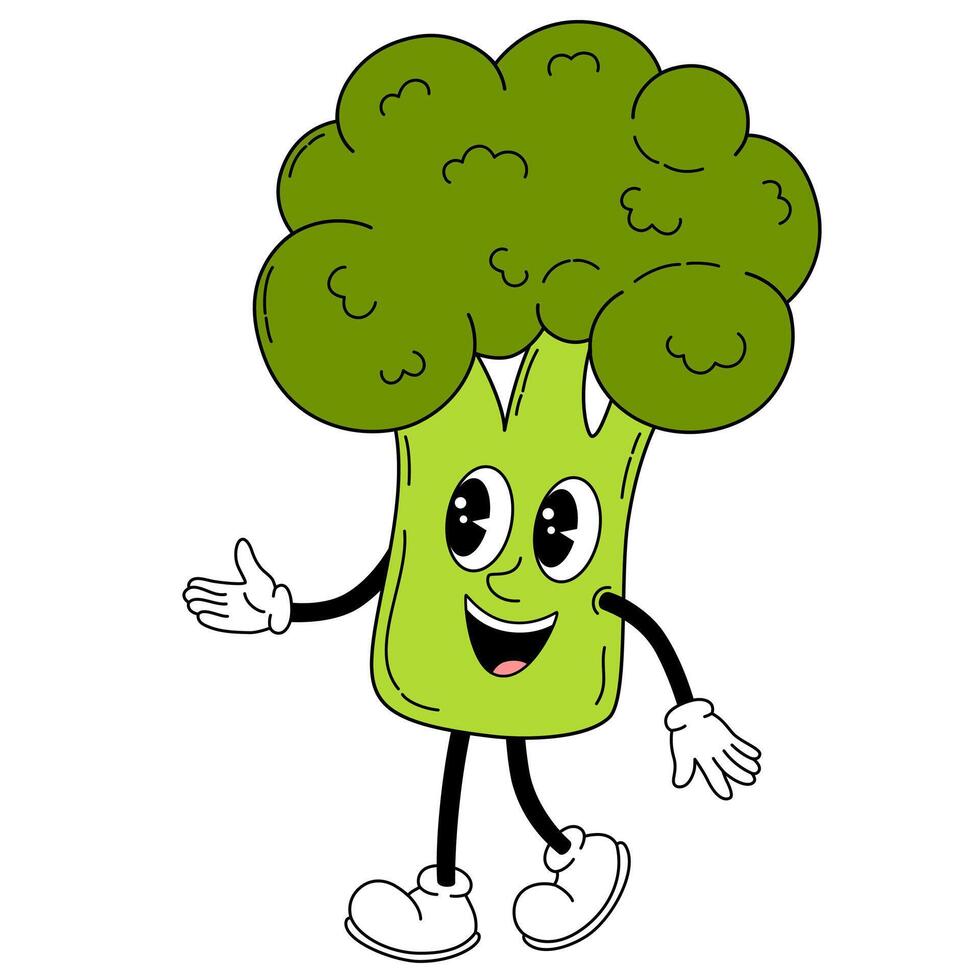 groovig Brokkoli Gemüse. Hand zeichnen komisch retro Jahrgang modisch Stil Gemüse Karikatur Charakter. Gekritzel Comic Vektor Illustration