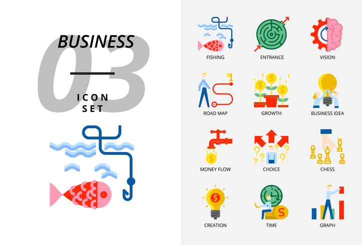 Ikonensatz für Geschäft und Strategie, Fischen, Eingang, Vision, Roadmap, Wachstum, Geschäftsidee, Geldfluss, Wahlmöglichkeit, Erstellungszeit, Diagramm. vektor