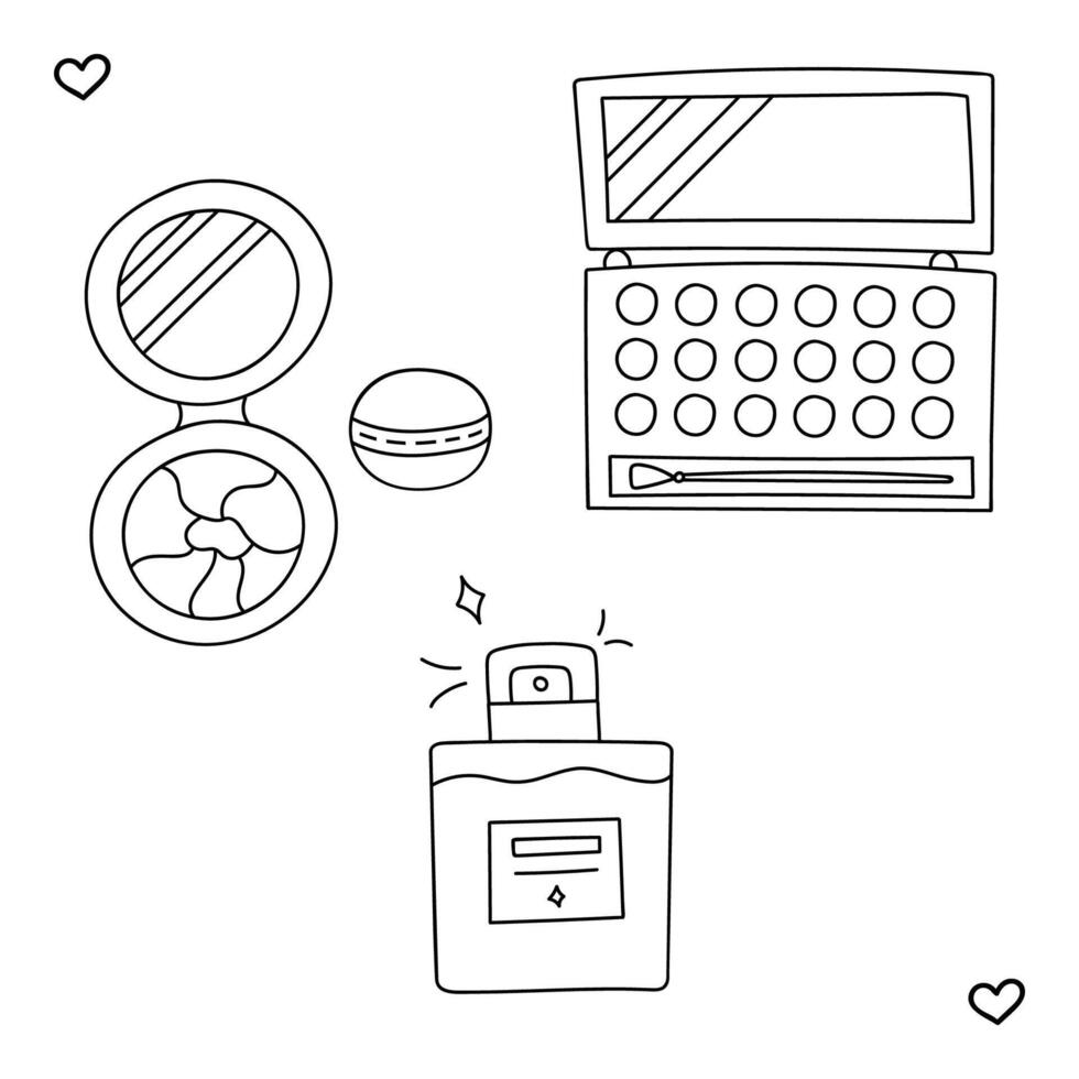 söt klotter uppsättning med kosmetisk Produkter för dagligen göra upp. ansikte pulver, ögonskugga palett, parfym i de flaska. vektor svart och vit illustration med hand dragen översikt isolerat på bakgrund.