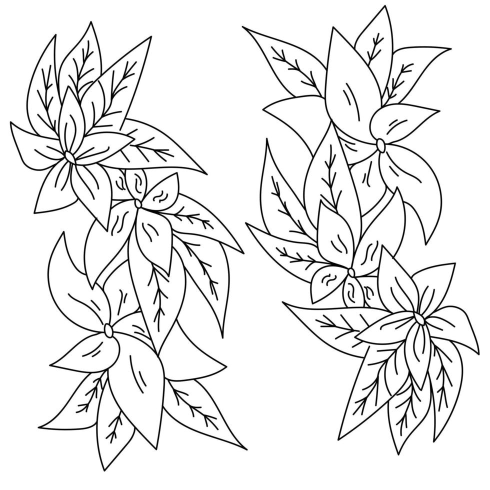 zarter Blumenzweig mit breiten Blütenblättern und verzierten Blättern, Malvorlage oder dekoratives Element für eine Postkarte vektor