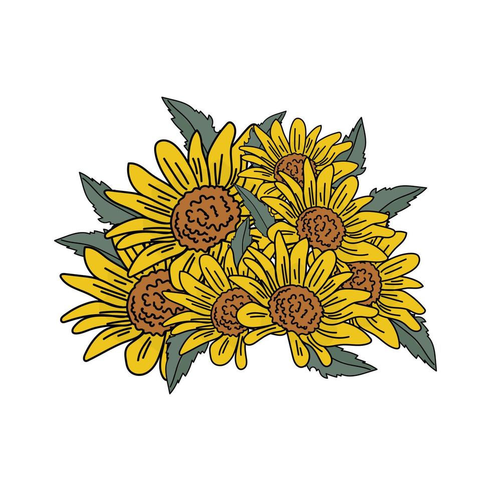 Strauß kleiner blühender Sonnenblumen mit gelben Blüten und grünen Blättern vektor