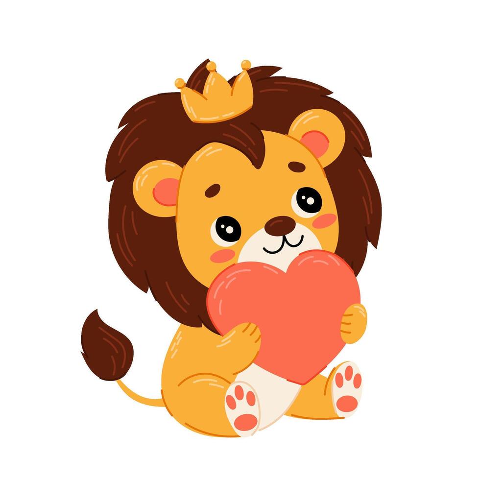 söt lejon i en krona med en hjärta i hans tassar. lejon i platt stil. kung. söt bebis skriva ut. vild djur. vektor
