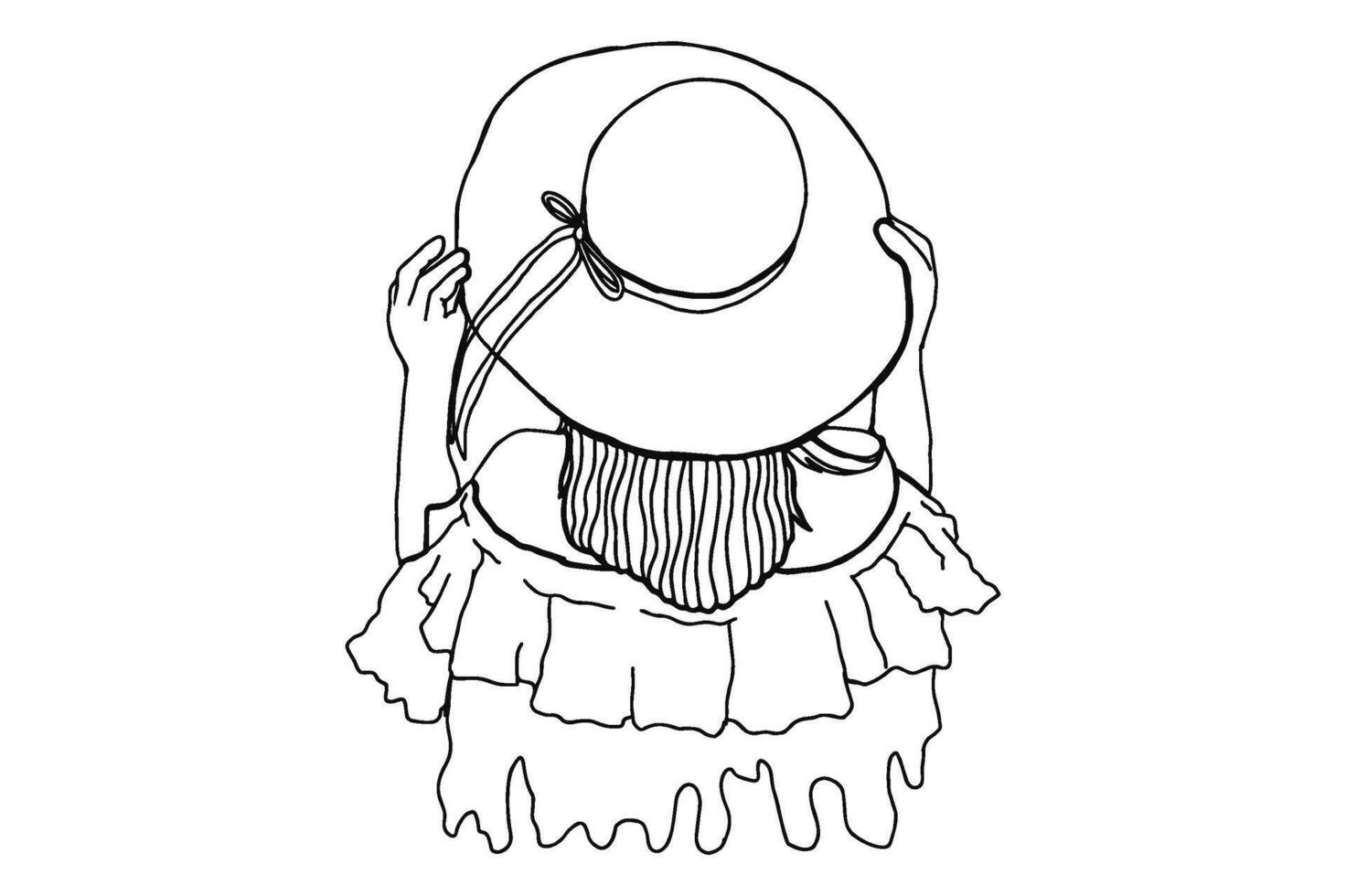 skön kvinna använder sig av strand hatt i sommar linje konst vektor