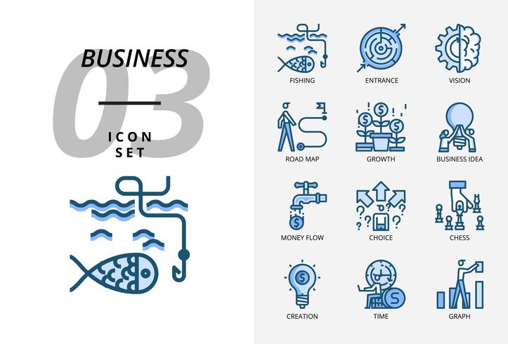 Ikonensatz für Geschäft und Strategie, Fischen, Eingang, Vision, Roadmap, Wachstum, Geschäftsidee, Geldfluss, Wahlmöglichkeit, Erstellungszeit, Diagramm. vektor