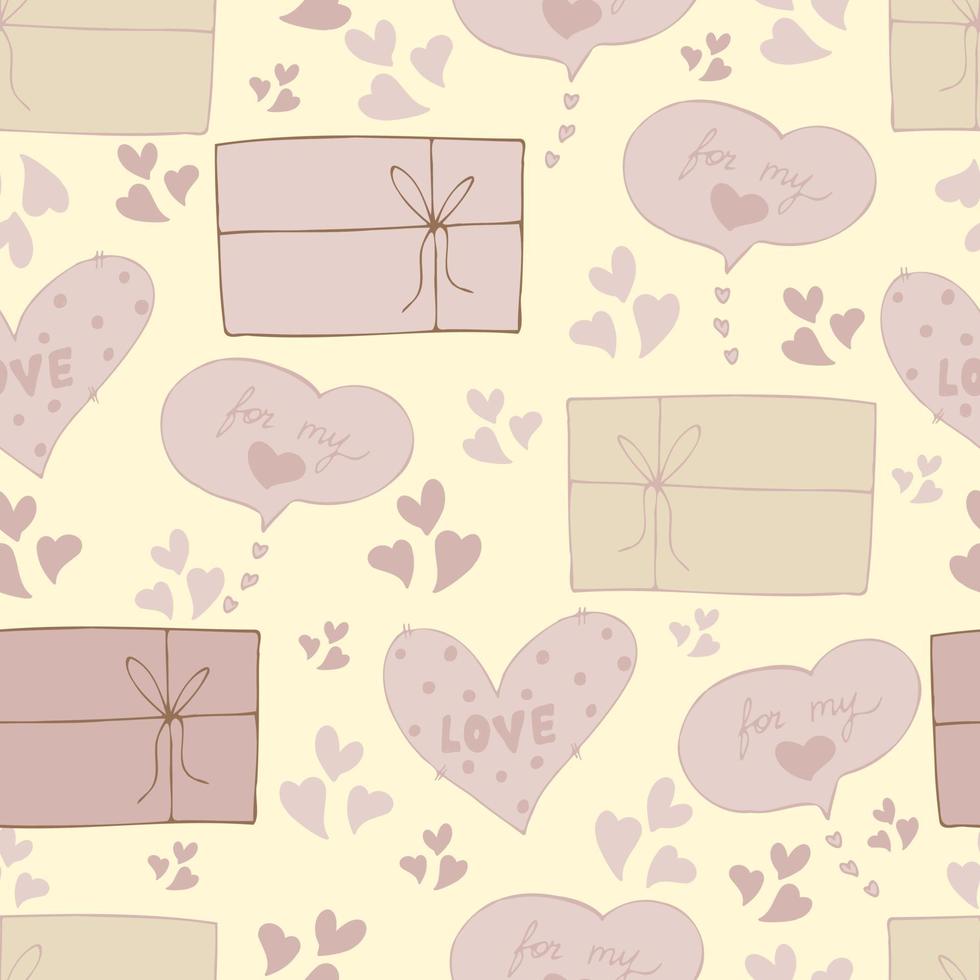 Vektor nahtlose Muster von Herzen und Geschenken mit Glückwünschen Liebeserklärung am Valentinstag 14. Februar. Hintergrund für Einladungen, Tapeten, Geschenkpapier und Scrapbooking