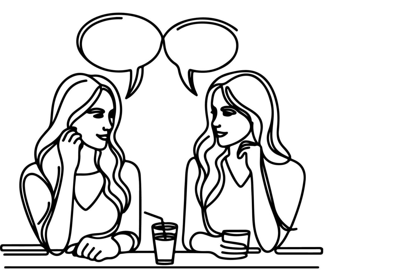 ai generiert kontinuierlich einer Linie Zeichnung zwei jung Menschen sind reden mit Rede Luftblasen Gliederung Gekritzel Vektor Illustration