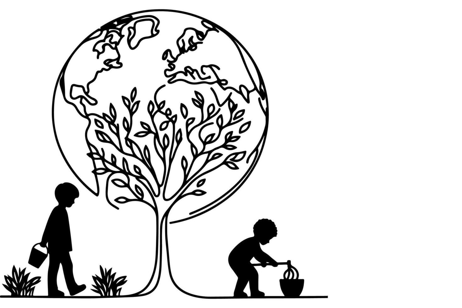 ai genererad kontinuerlig ett svart linje konst teckning barn vattning en träd. plantering träd till spara de värld och jord dag minska global uppvärmningen tillväxt begrepp vektor illustration på vit bakgrund