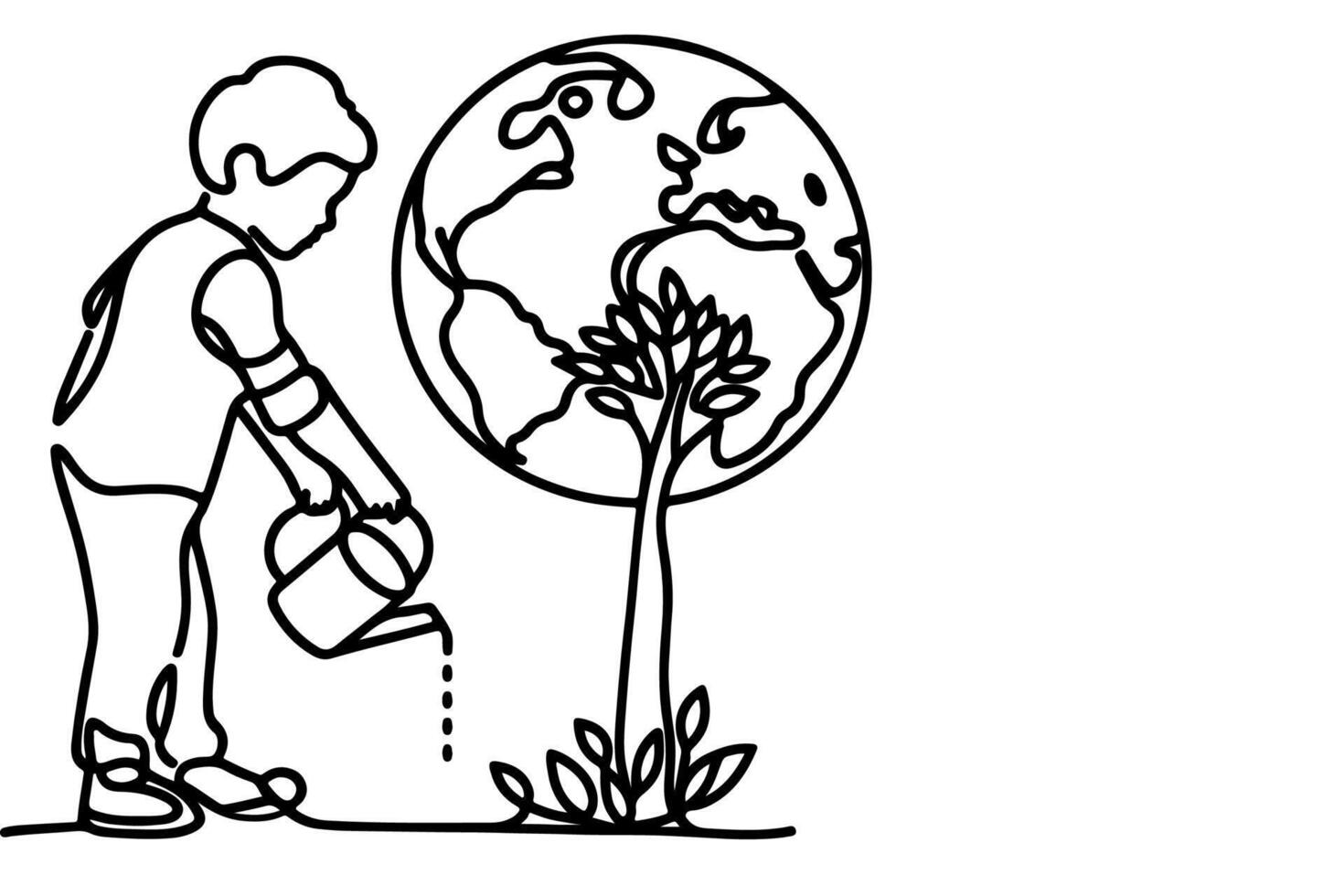 ai genererad kontinuerlig ett svart linje konst teckning barn vattning en träd. plantering träd till spara de värld och jord dag minska global uppvärmningen tillväxt begrepp vektor illustration på vit bakgrund