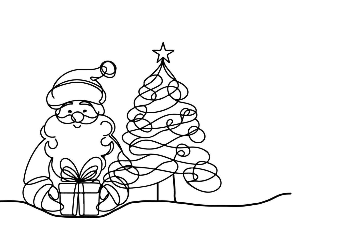 ai generiert ne kontinuierlich schwarz Linie Kunst Zeichnung von fröhlich Weihnachten Baum. Hand gezeichnet von Santa claus Gliederung Gekritzel Vektor Illustration