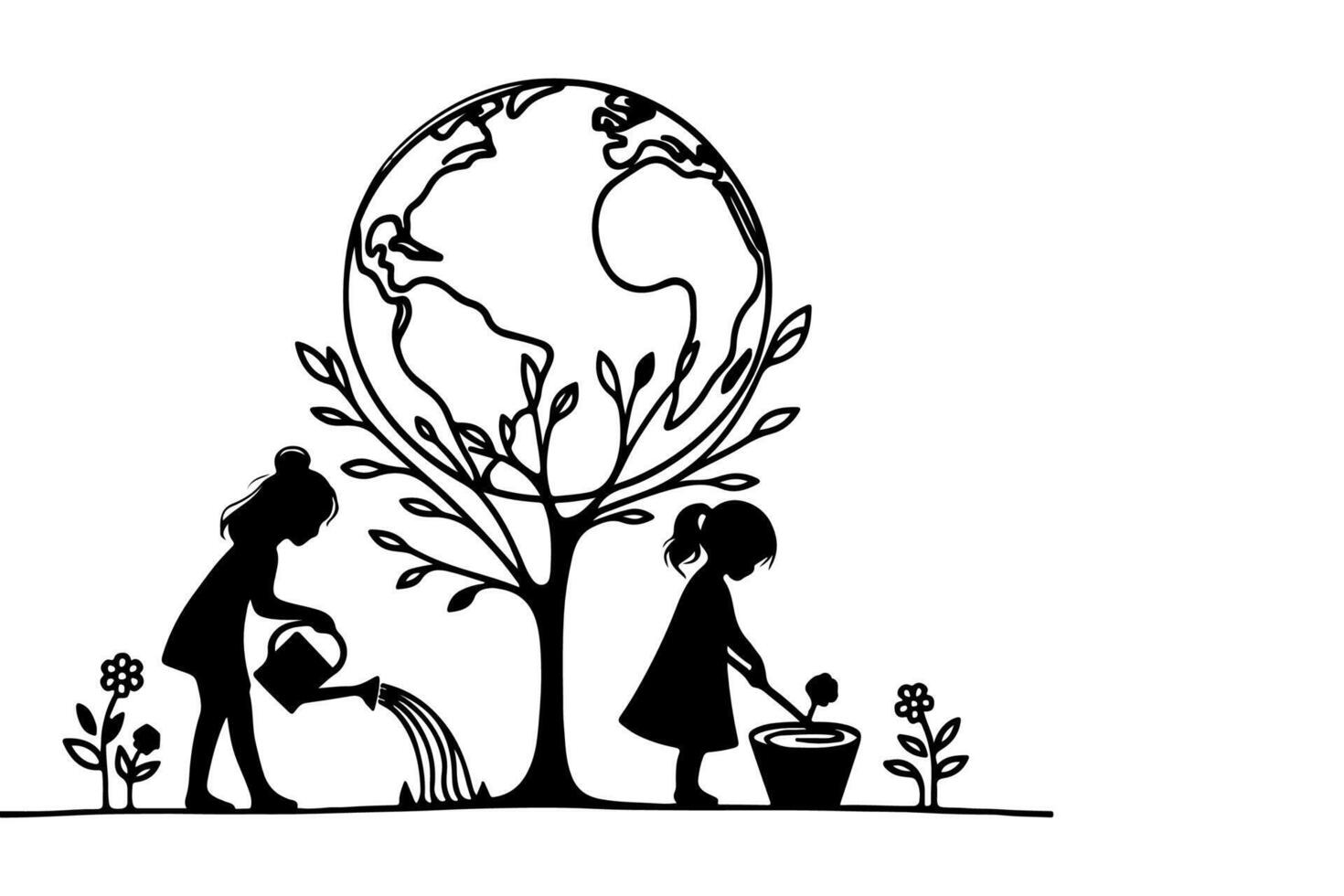 ai generiert kontinuierlich einer schwarz Linie Kunst Zeichnung Kinder Bewässerung ein Baum. Pflanzen Baum zu speichern das Welt und Erde Tag reduzieren global Erwärmen Wachstum Konzept Vektor Illustration auf Weiß Hintergrund