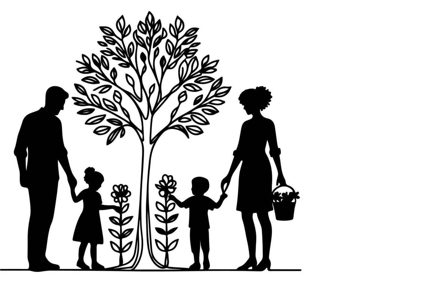 kontinuierlich einer schwarz Linie Kunst Zeichnung Silhouetten von glücklich Familie halten das Hände mit Baum Vektor Illustration auf Weiß Hintergrund