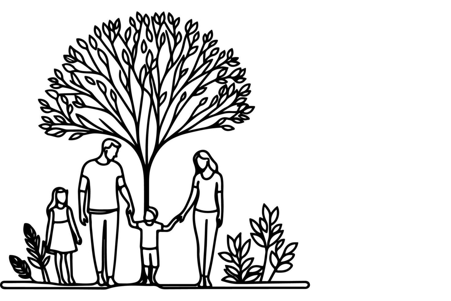 kontinuierlich einer schwarz Linie Kunst Zeichnung Silhouetten von glücklich Familie halten das Hände mit Baum Vektor Illustration auf Weiß Hintergrund