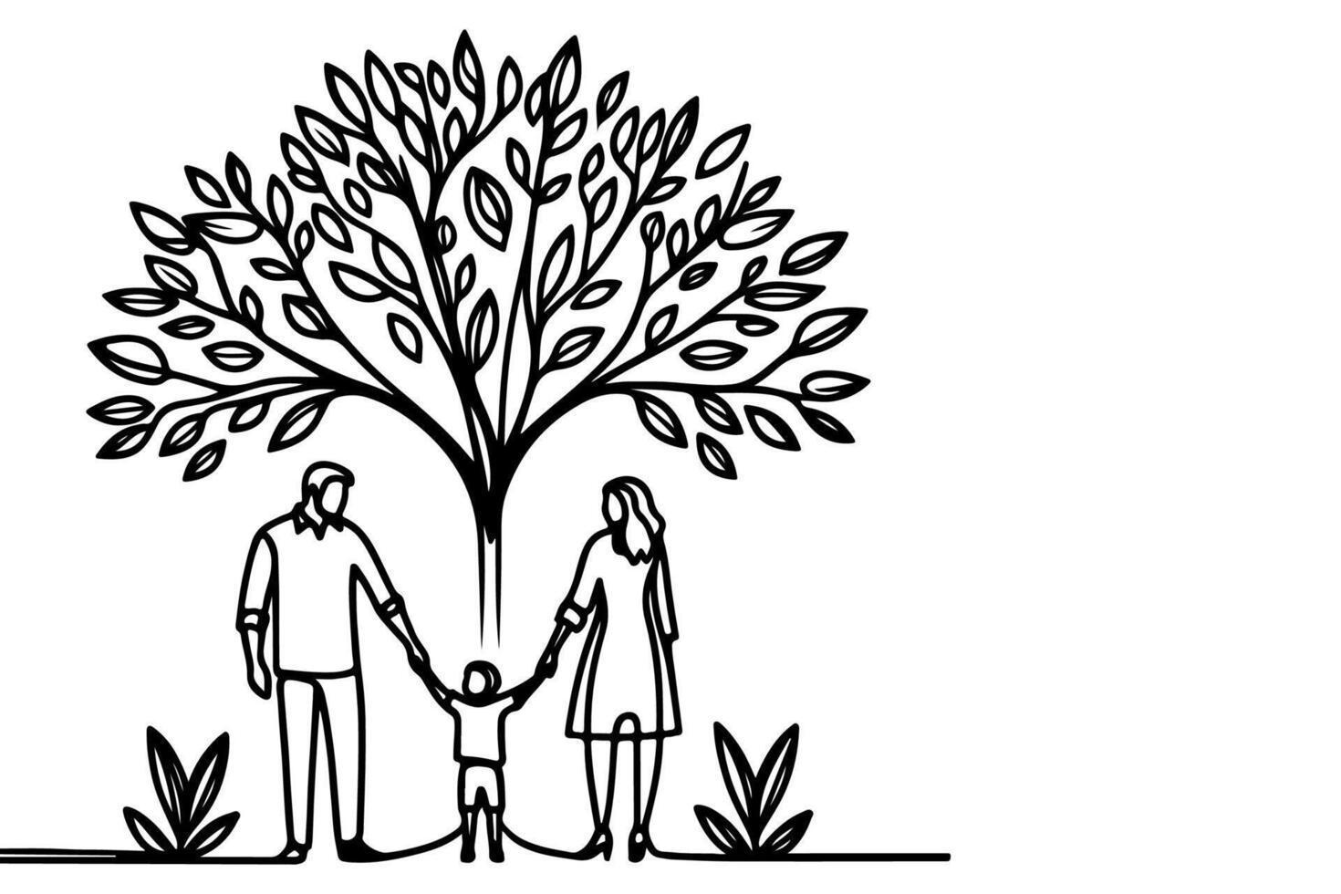ai generiert kontinuierlich einer schwarz Linie Kunst Zeichnung Silhouetten von glücklich Familie halten das Hände mit Baum Vektor Illustration auf Weiß Hintergrund