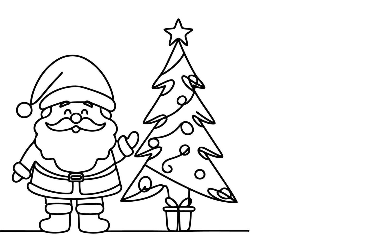 ai genererad ne kontinuerlig svart linje konst teckning av glad jul träd. hand dragen av santa claus översikt klotter vektor illustration