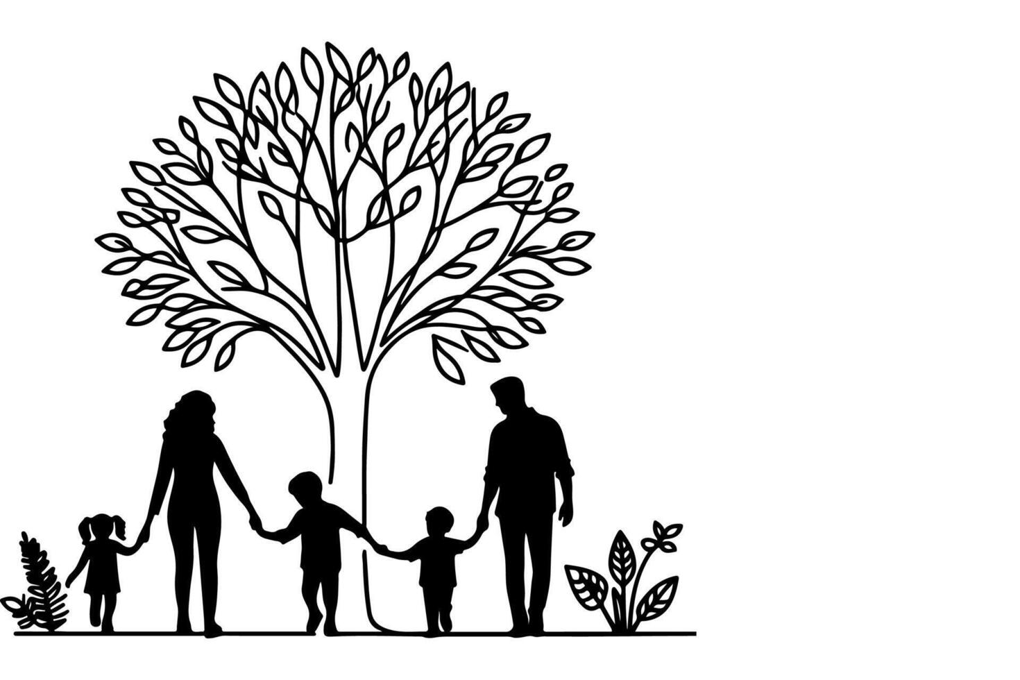 ai genererad kontinuerlig ett svart linje konst teckning silhuetter av Lycklig familj innehav de händer med träd vektor illustration på vit bakgrund