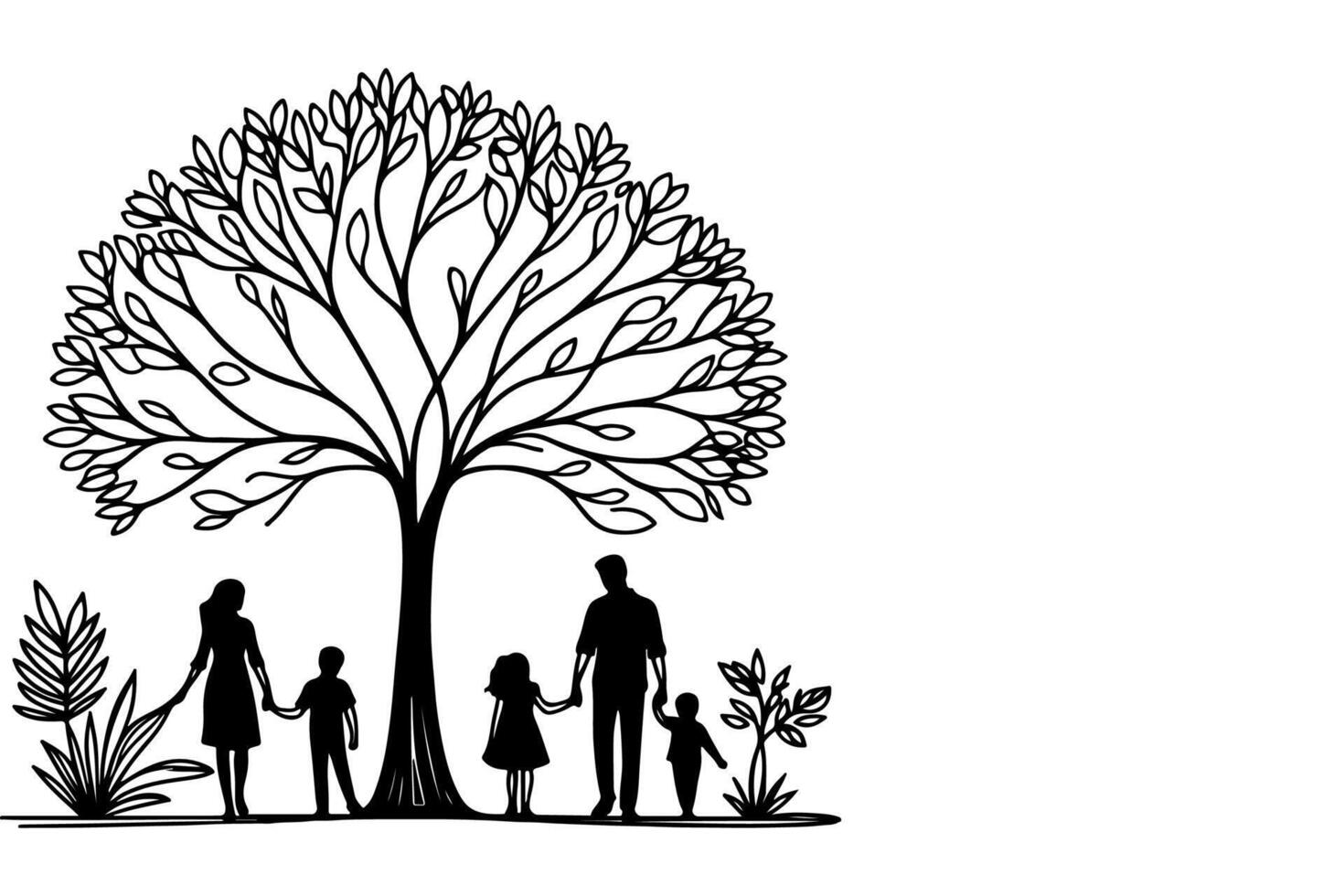 kontinuerlig ett svart linje konst teckning silhuetter av Lycklig familj innehav de händer med träd vektor illustration på vit bakgrund