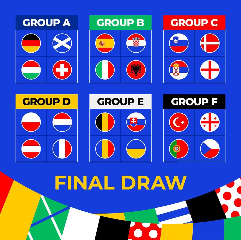 Fußball 2024 Finale Bühne Gruppen. Tabelle von das Finale zeichnen von das Fußball Meisterschaft 2024. National Fußball Teams mit Flagge Symbole vektor