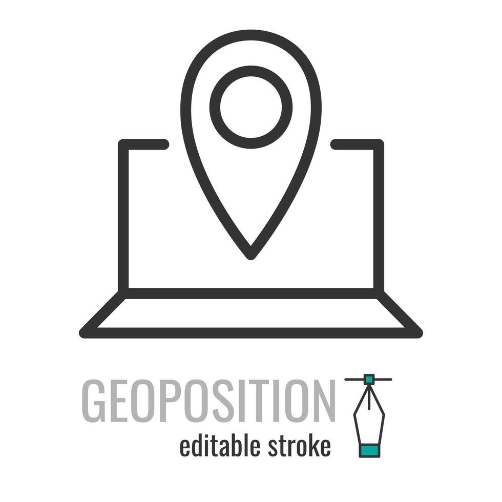 Ort Linie Symbol. Geoposition, Geographisches Positionierungs System Symbol. Karte Marker Laptop Piktogramm. online Transport unterzeichnen. Vektor Grafik Illustration eps 10. editierbar Schlaganfall