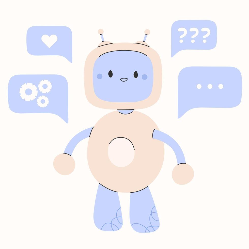 söt chatbot ai karaktär.konstgjord intelligens chatt service företag concept.ai innehåll generator. chatbot teknologi, hand dragen robot leksak maskot. vektor illustration eps 10