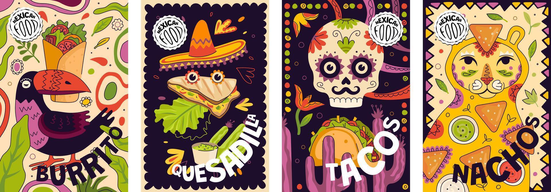 Mexikaner schnell Essen Promo Poster Design Satz. Mexiko Küche Banner Burrito und Nacho. Latein amerikanisch Gericht Plakat Nachos und Taco. Restaurant und Restaurant Werbung Vektor eps drucken Quesadilla und Tacos