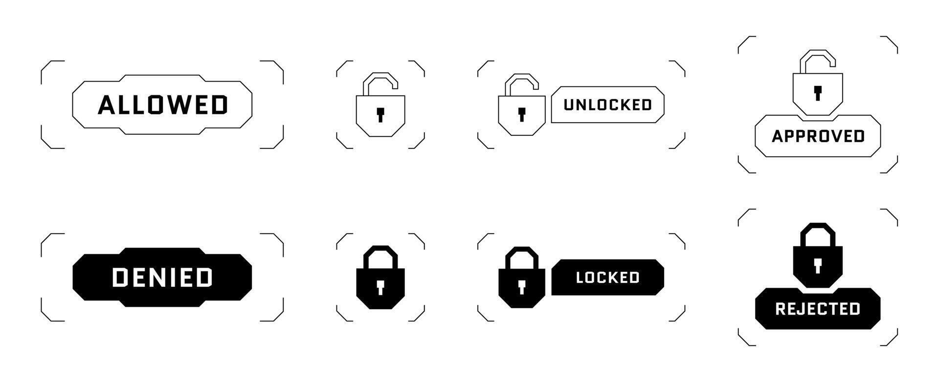 hud digital trogen användare gränssnitt tillgång tillåten och nekas knapp uppsättning. konto verifiering inträde skydda symbol. TV-spel säkerhet infographic design vektor eps element samling