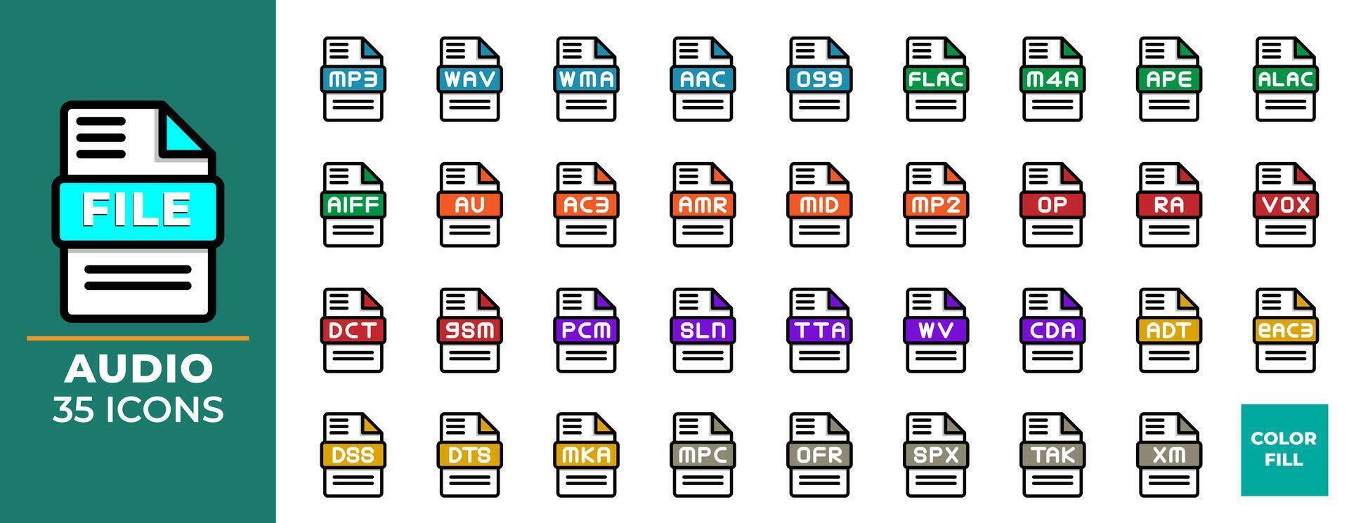 Datei Format Audio- Symbole einstellen im eben Stil. Sammlung von Datei Erweiterung Symbole. Vektor Illustration