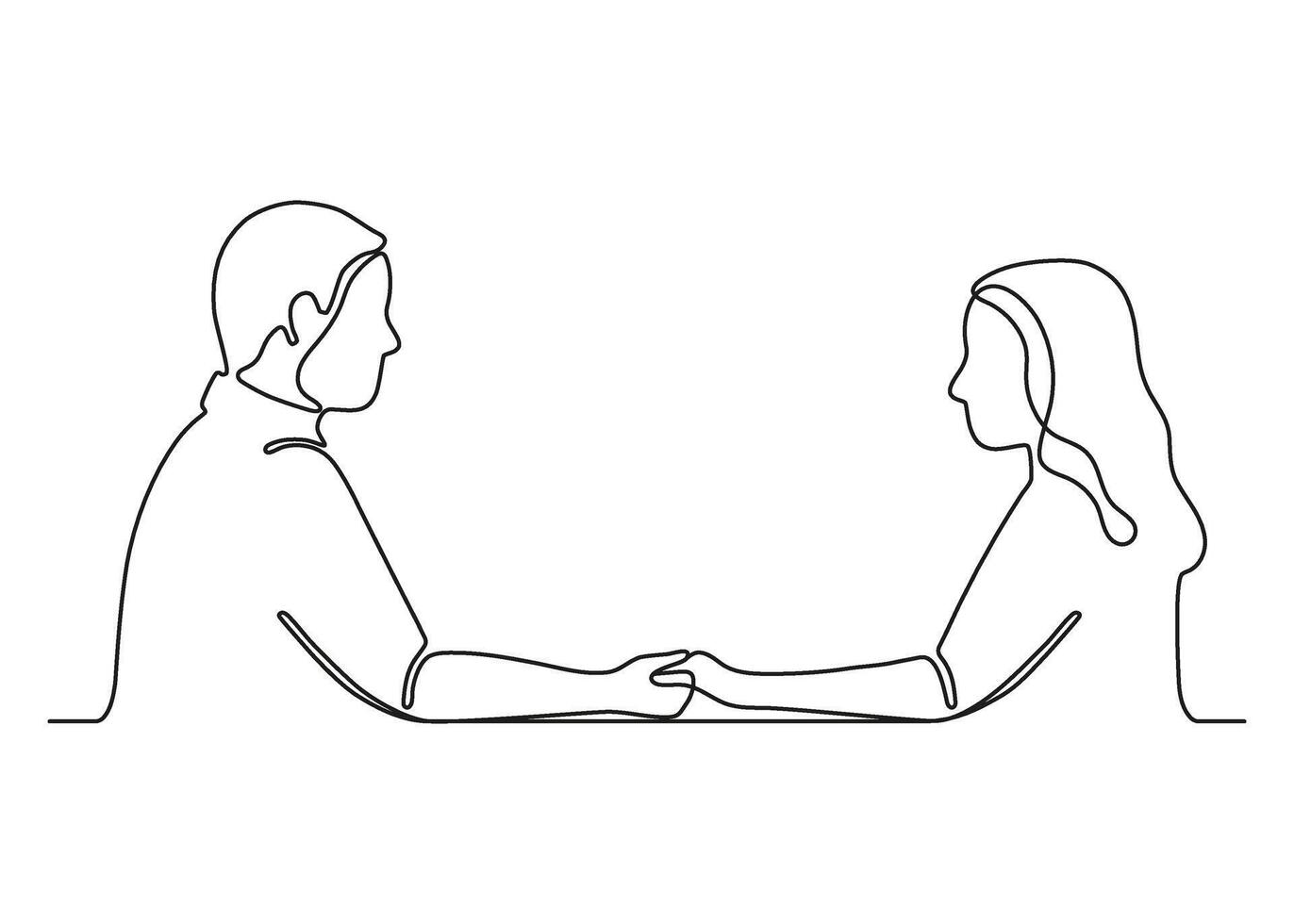 par innehav hand, Lycklig kommunikation i relation, kontinuerlig ett linje teckning. man och kvinna kärlek. familj i harmoni. vektor översikt illustration