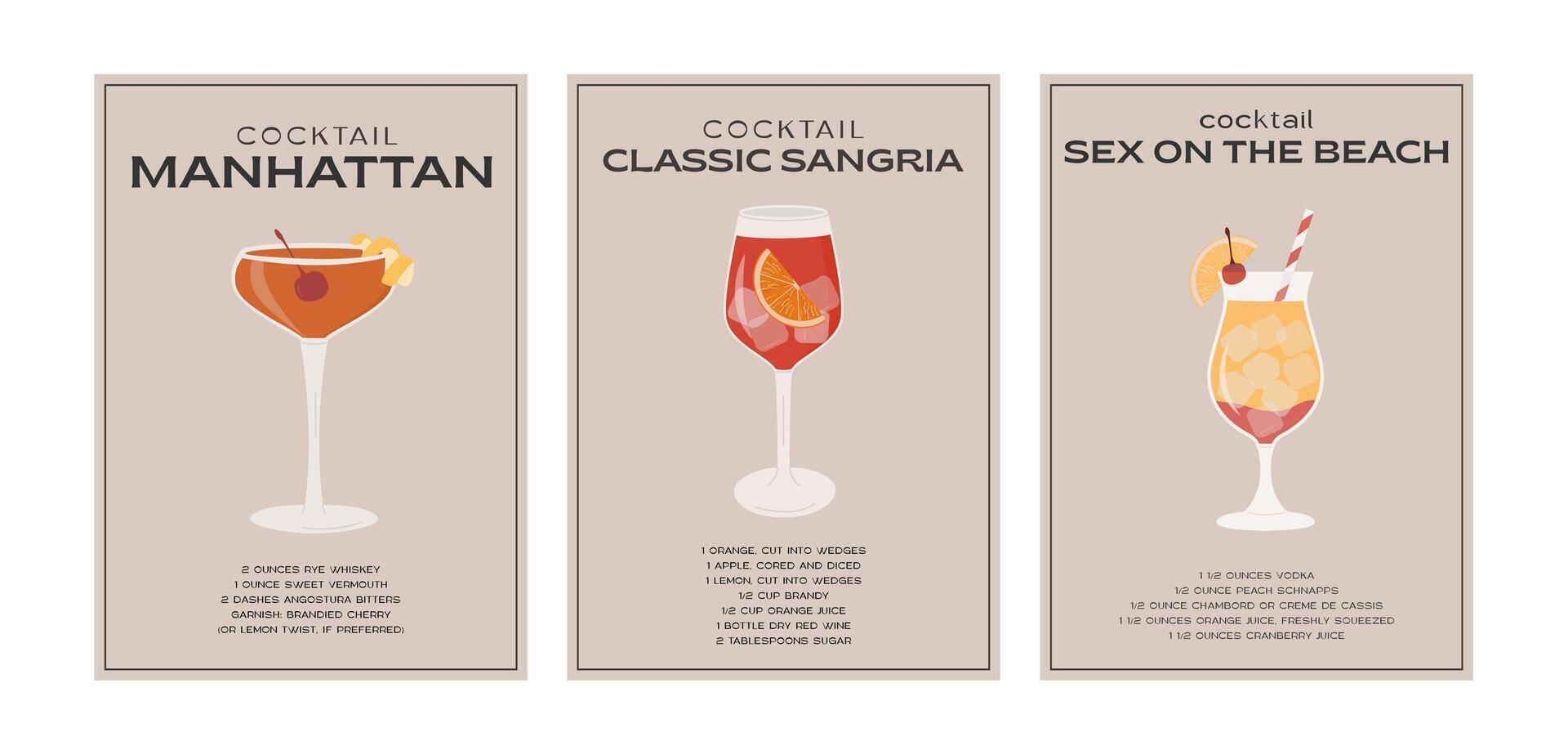 Sangria, Sex auf das Strand und Manhattan Cocktail. klassisch Alkohol Getränk Rezept mit Zutaten. modern modisch Grafik drucken. minimalistisch einfach Poster einstellen mit garniert trinken. Vektor Illustration.