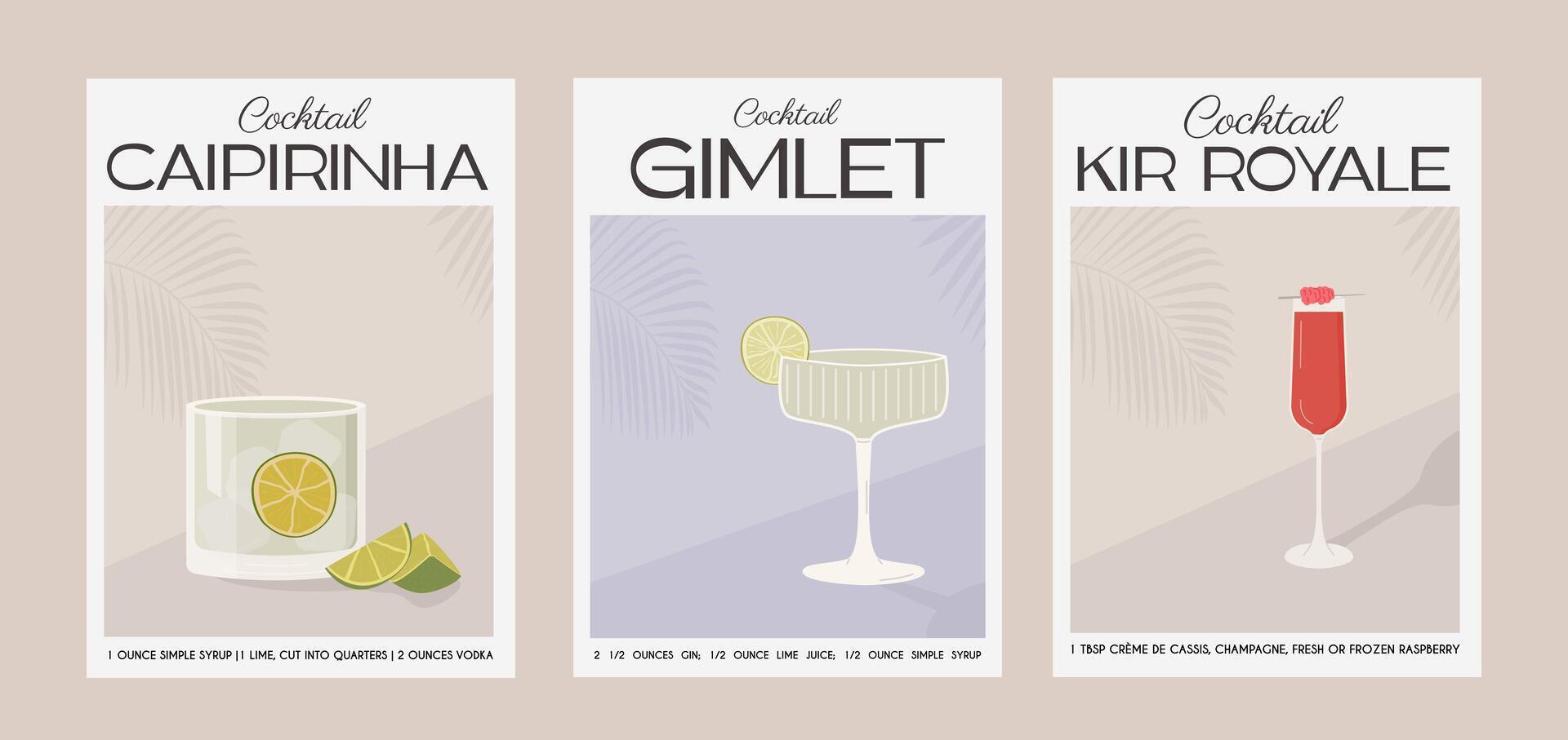 caipirinha, gimlet och kir royale cocktail. klassisk alkohol dryck recept. uppsättning av modern trendig grafisk skriva ut i dämpad färger. aperitif. minimalistisk affisch med garnering dryck. vektor illustration.