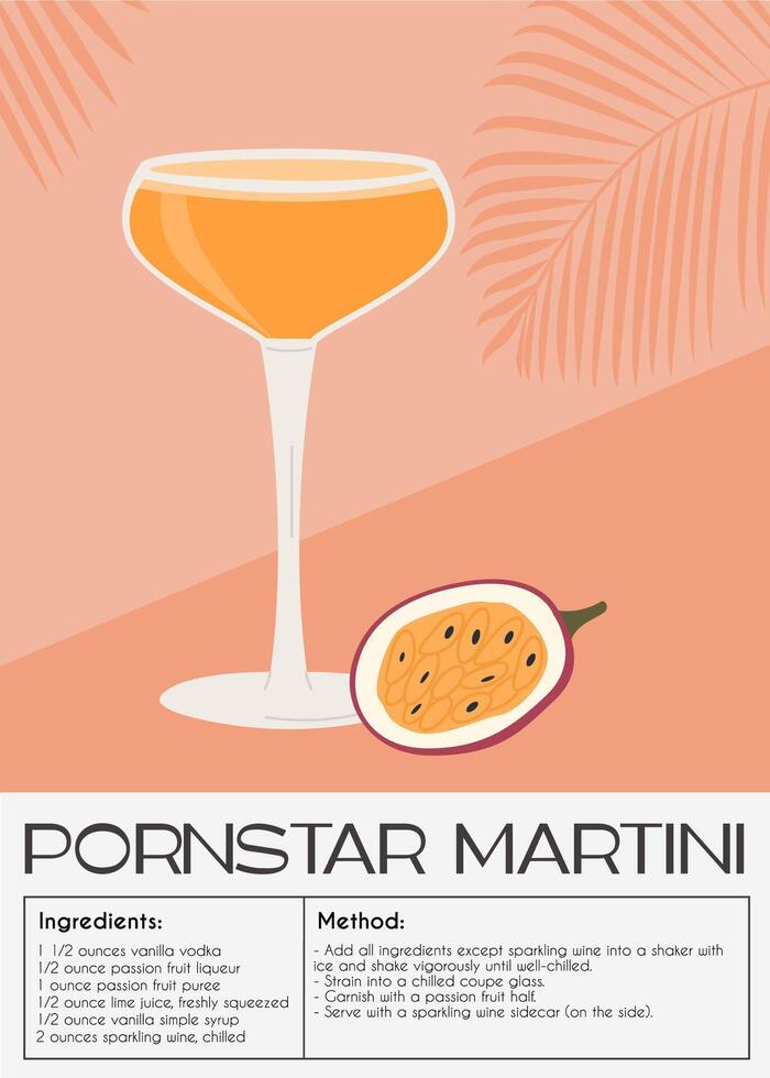 Pornostar Martini Cocktail garniert mit Leidenschaft Frucht. klassisch alkoholisch Getränk Rezept. Sommer- Aperitif Poster. minimalistisch modisch drucken mit alkoholisch trinken. Vektor eben Illustration.