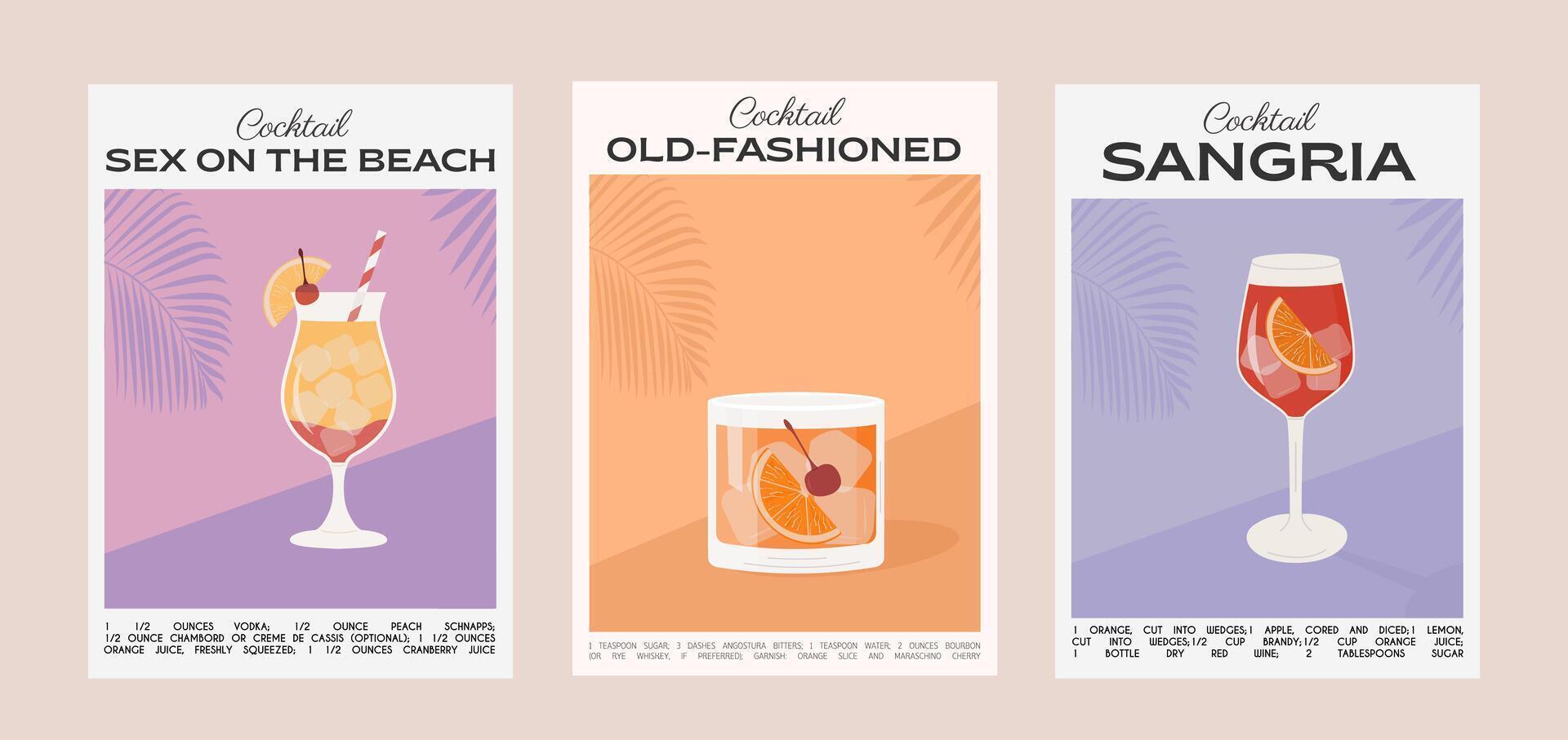 sex på de strand, gammal fashioned och sangria klassisk cocktail recept med Ingredienser. sommar aperitif vägg konst. garnering alkohol dryck grafisk skriva ut. minimalistisk vertikal affisch. vektor illustration.